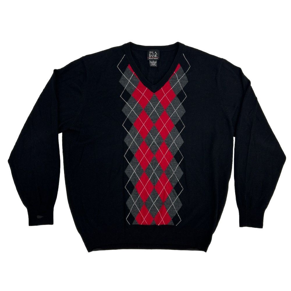 Jos A. Bank Signature Sweater Men's L Black Argyle V-Neck Pullover Merino‎ Wool